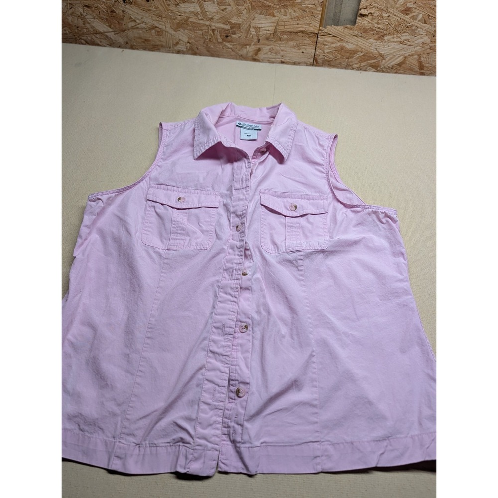 Columbia Women Shirt Size 1X Sleeveless Pink Hiking Button Up Pocket 100% Cotton